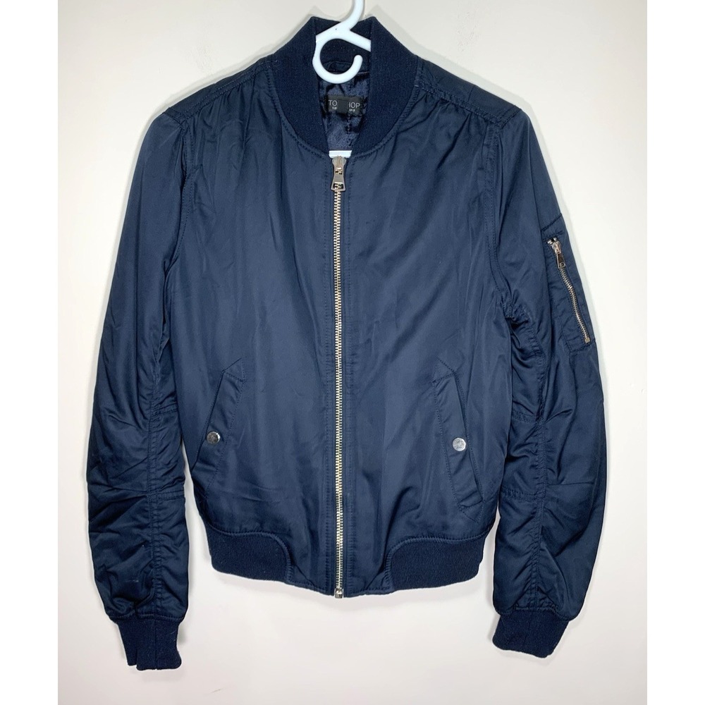 Topshop Bomber Jacket Womens 4 Navy Blue Zip Front Poly